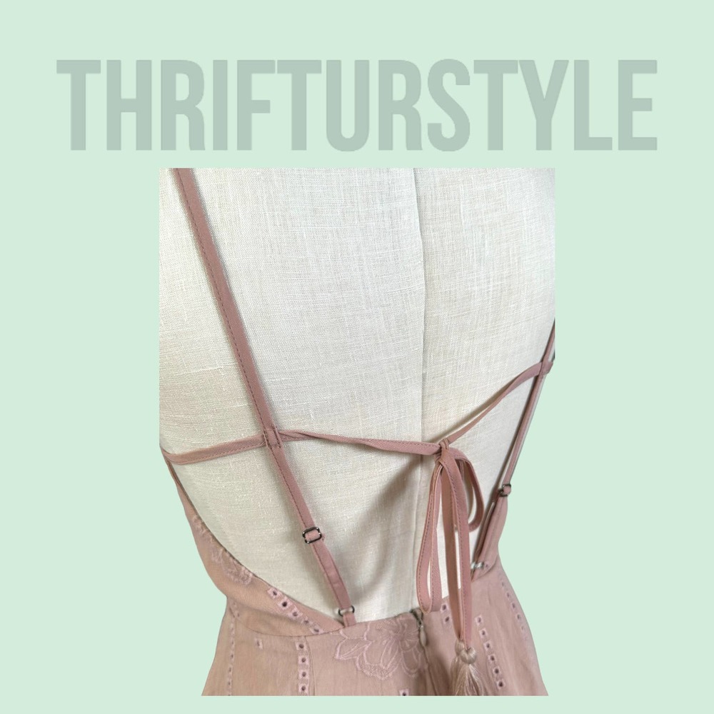 Blush Pink Lace Trim Romper Open Back Tie Spaghetti Strap Cute Casual - Picture 6 of 13